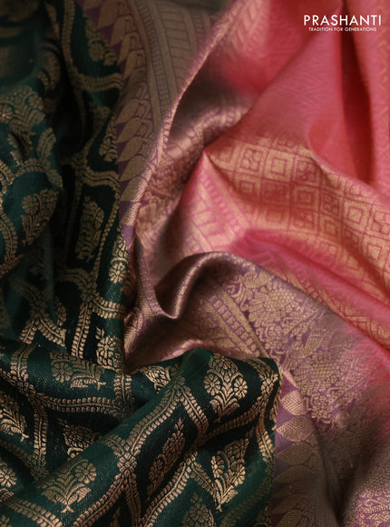 Pure kanchipuram silk saree bottle green and peach pink with allover zari woven brocade weaves and long rich zari woven korvai border