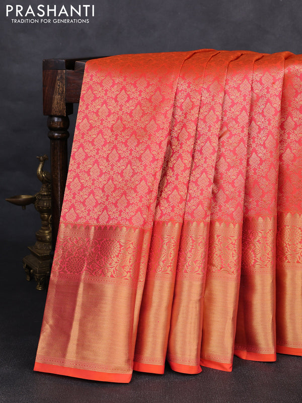 Pure kanchipuram silk saree orange with allover zari woven brocade weaves and long rich zari woven border