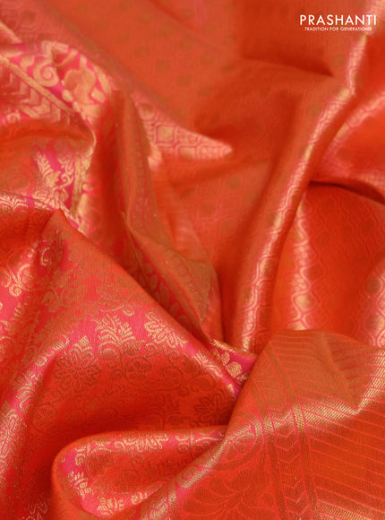 Pure kanchipuram silk saree orange with allover zari woven brocade weaves and long rich zari woven border