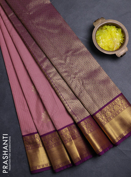 Semi kanchipuram silk saree mauve pink and deep purple with allover zari weaves & buttas and zari woven border