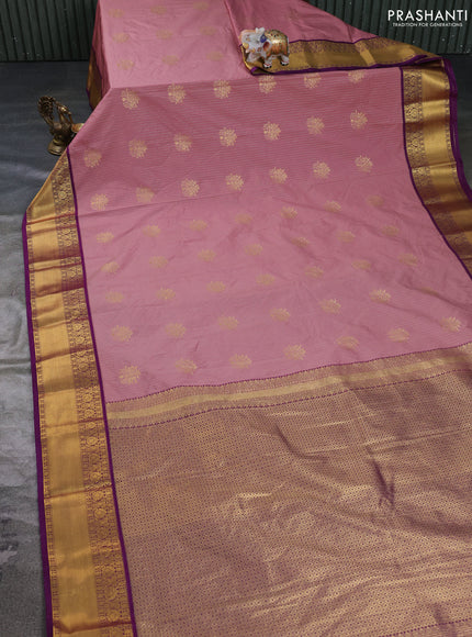 Semi kanchipuram silk saree mauve pink and deep purple with allover zari weaves & buttas and zari woven border