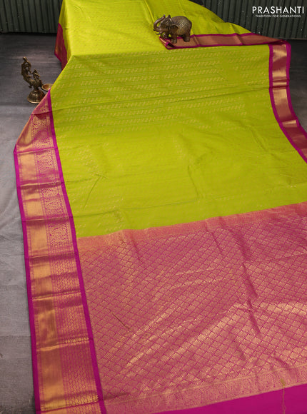 Semi kanchipuram silk saree lime green and pink with allover zari weaves pattern and zarinwoven korvai border