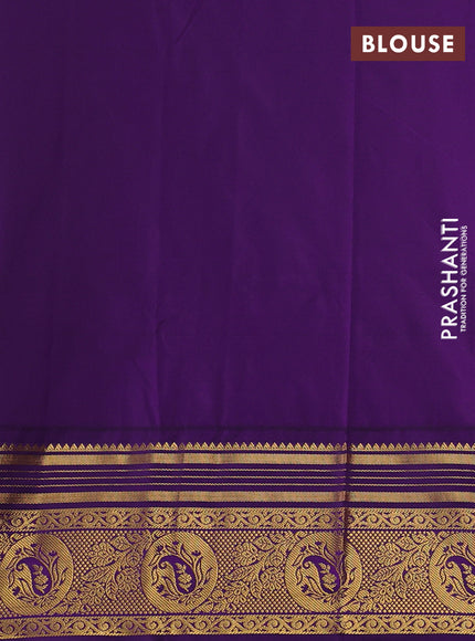 Semi kanchipuram silk saree mustard green and deep purple with allover zari woven buttas and zari woven border
