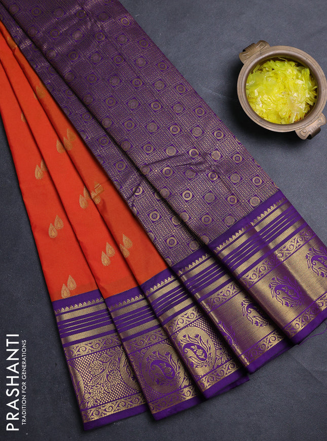 Semi kanchipuram silk saree orange and deep purple with allover zari woven buttas and zari woven border