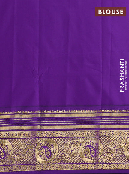 Semi kanchipuram silk saree orange and deep purple with allover zari woven buttas and zari woven border