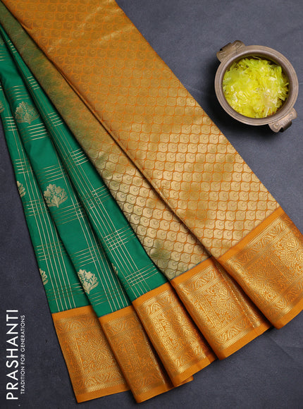 Semi kanchipuram silk saree green and mango yellow with allover zari checks & buttas and zari woven border