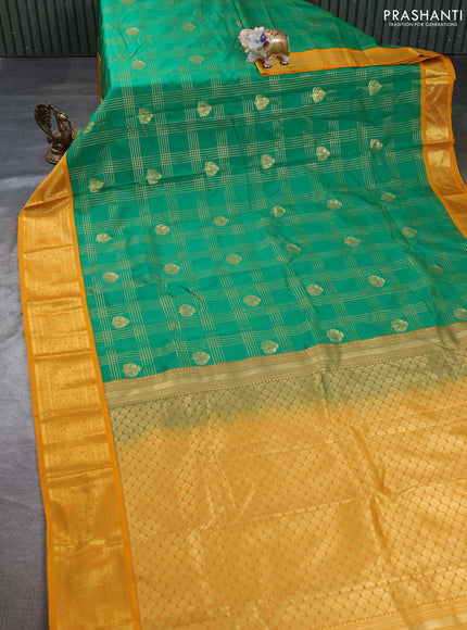 Semi kanchipuram silk saree green and mango yellow with allover zari checks & buttas and zari woven border