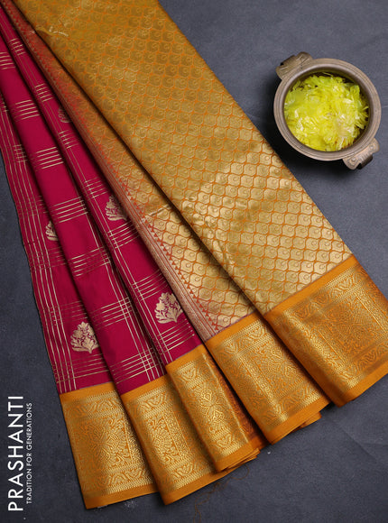Semi kanchipuram silk saree tomato pink and mustard yellow with allover zari checks & buttas and zari woven border