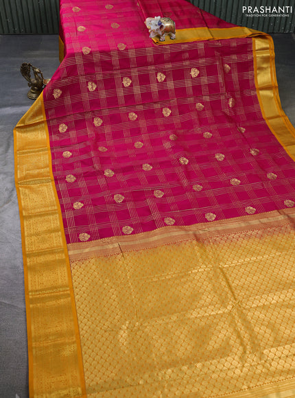 Semi kanchipuram silk saree tomato pink and mustard yellow with allover zari checks & buttas and zari woven border