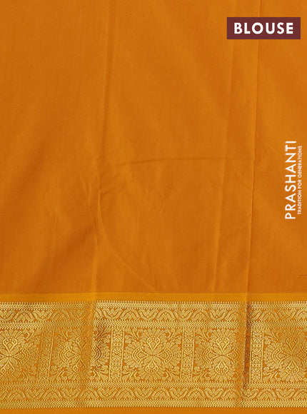 Semi kanchipuram silk saree tomato pink and mustard yellow with allover zari checks & buttas and zari woven border
