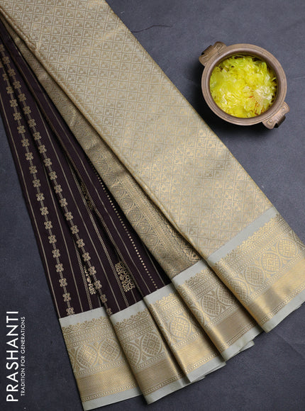 Semi kanchipuram silk saree coffee brown and mild pista green with allover zari weaves & buttas and zari woven border