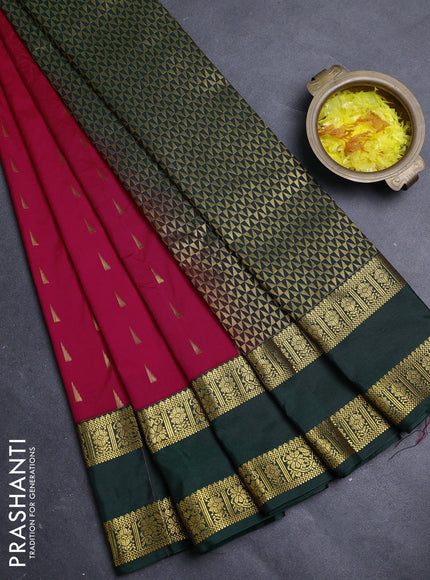 Semi kanchipuram silk saree tomato pink and green with allover zari woven buttas and rettapet zari woven border
