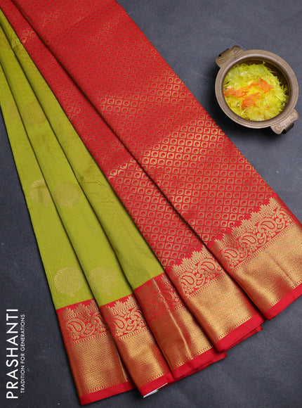Semi kanchipuram silk saree lime green and red with allover zari weaves & buttas and zari woven border