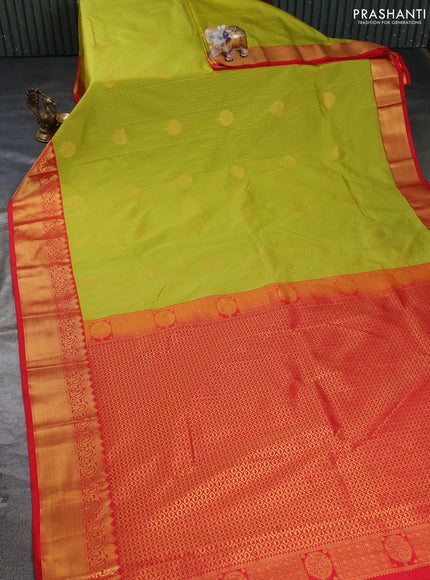 Semi kanchipuram silk saree lime green and red with allover zari weaves & buttas and zari woven border