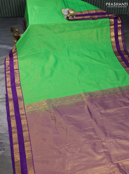 Semi kanchipuram silk saree green and violet with allover zari checks & buttas and rettapet zari woven border
