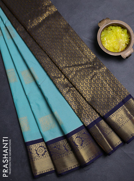 Semi kanchipuram silk saree teal blue and navy blue with allover zari weaves & buttas and zari woven border
