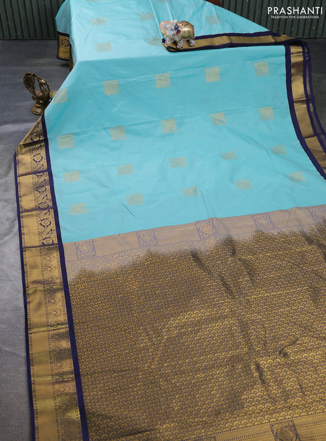 Semi kanchipuram silk saree teal blue and navy blue with allover zari weaves & buttas and zari woven border