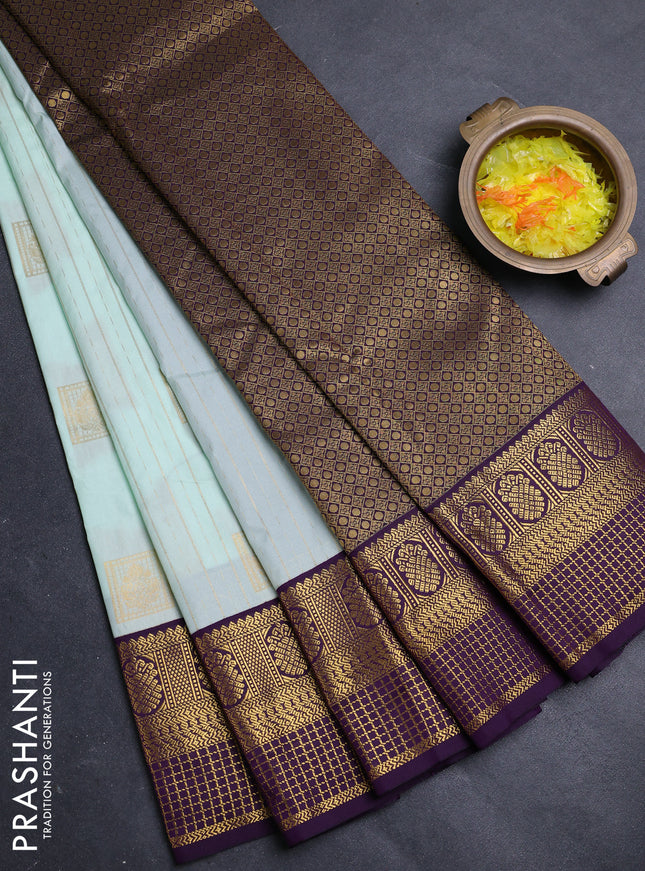 Semi kanchipuram silk saree pastel blue and purple with allover zari weaves & buttas and zari woven border