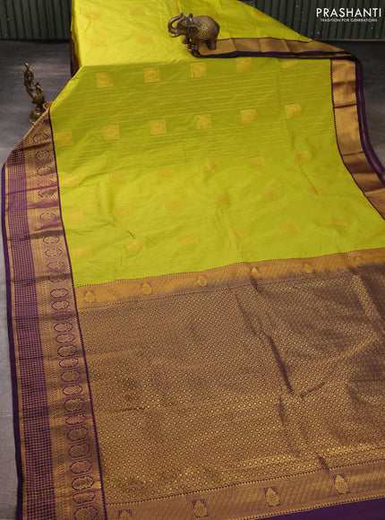 Semi kanchipuram silk saree lime green and purple with allover zari weaves & buttas and zari woven border