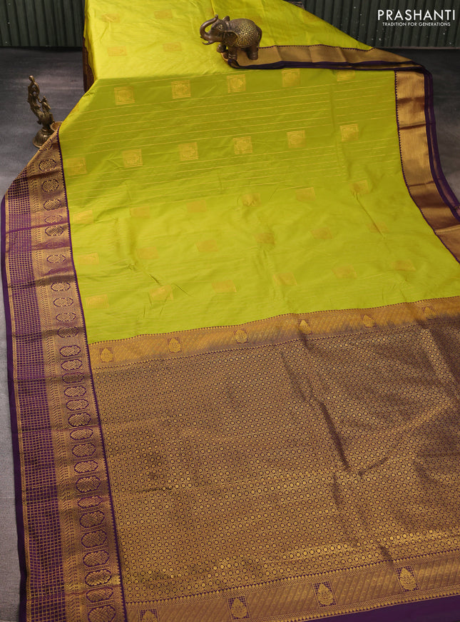 Semi kanchipuram silk saree lime green and purple with allover zari weaves & buttas and zari woven border