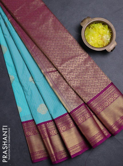 Semi kanchipuram silk saree teal blue and pink with allover zari weaves & buttas and zari woven border