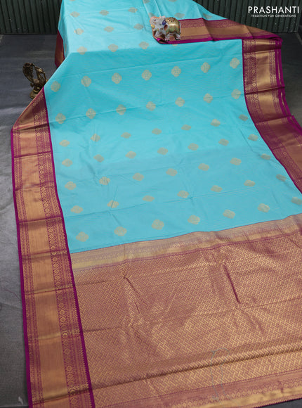 Semi kanchipuram silk saree teal blue and pink with allover zari weaves & buttas and zari woven border