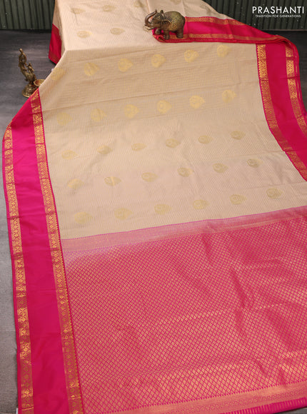 Semi kanchipuram silk saree cream and pink with allover zari checks & buttas and rettapet zari woven border