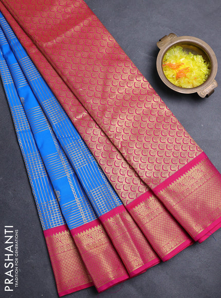 Semi kanchipuram silk saree cs blue and pink with allover zari checks & buttas and zari woven korvai border