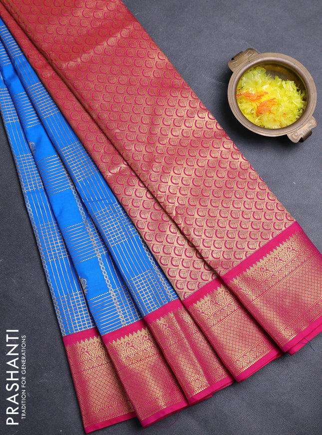 Semi kanchipuram silk saree cs blue and pink with allover zari checks & buttas and zari woven korvai border