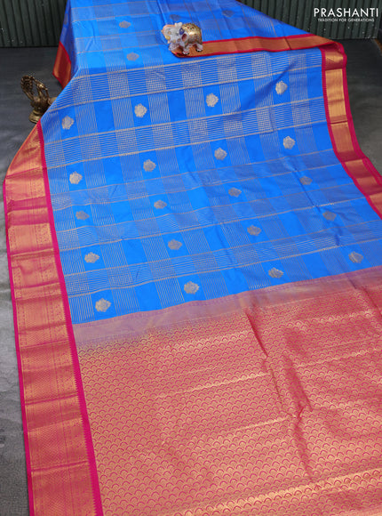 Semi kanchipuram silk saree cs blue and pink with allover zari checks & buttas and zari woven korvai border