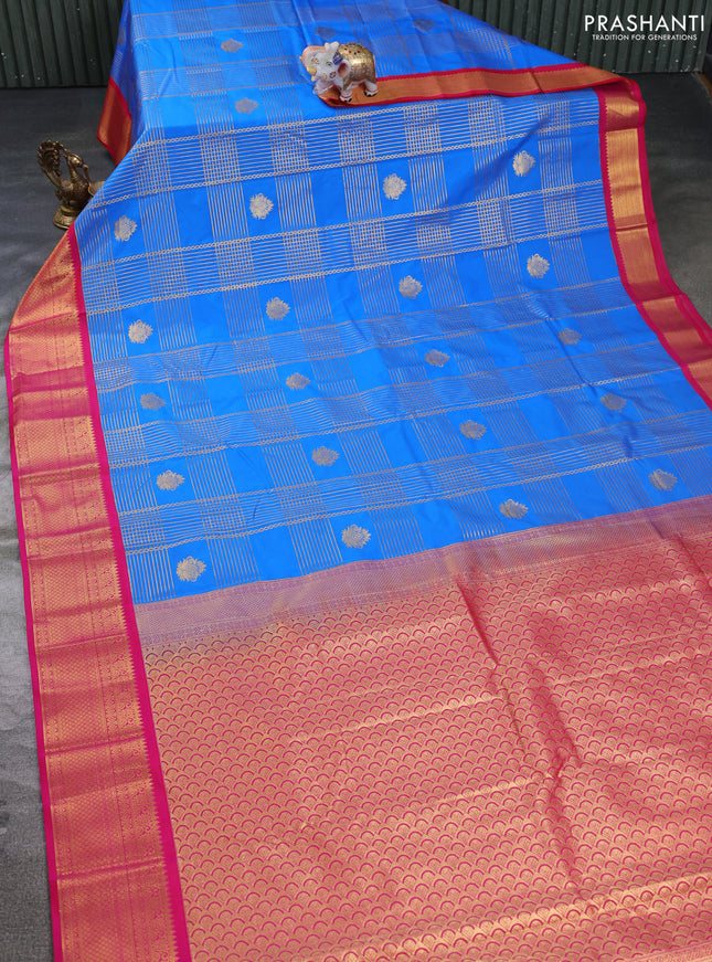 Semi kanchipuram silk saree cs blue and pink with allover zari checks & buttas and zari woven korvai border