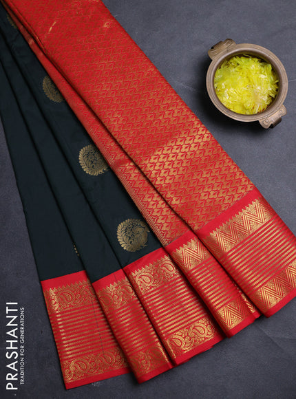 Semi kanchipuram silk saree bottle green and red with zari woven buttas and zari woven border