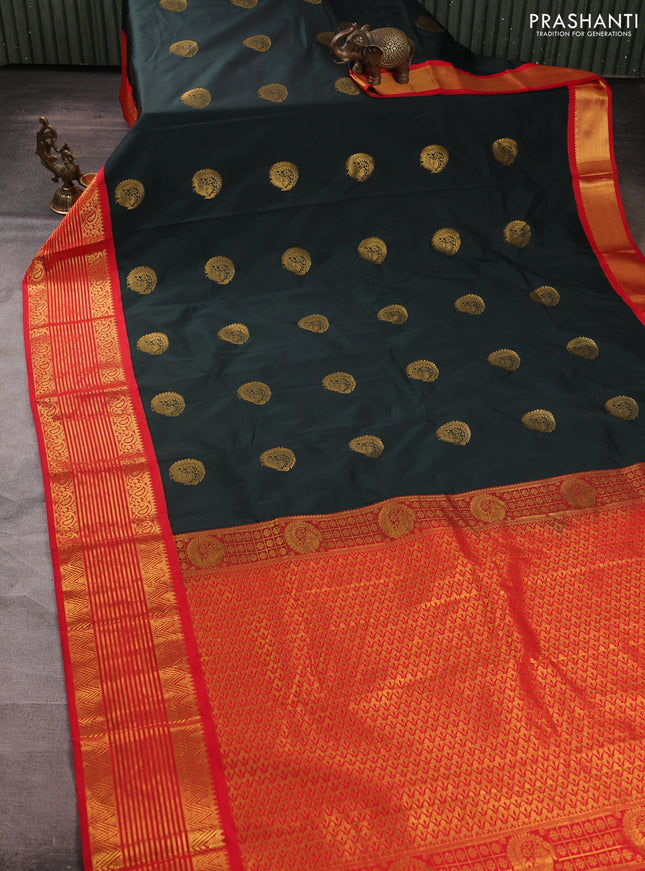 Semi kanchipuram silk saree bottle green and red with zari woven buttas and zari woven border