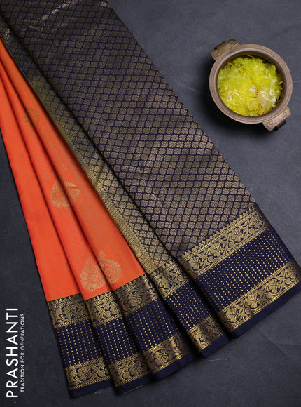Semi kanchipuram silk saree orange and navy blue with allover zari stripe & buttas and zari woven border