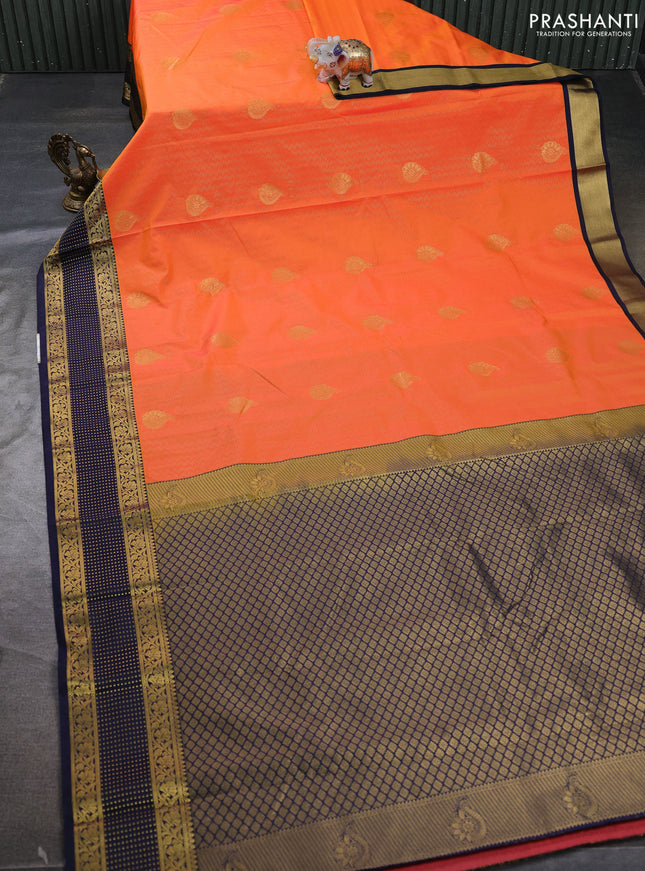 Semi kanchipuram silk saree orange and navy blue with allover zari stripe & buttas and zari woven border