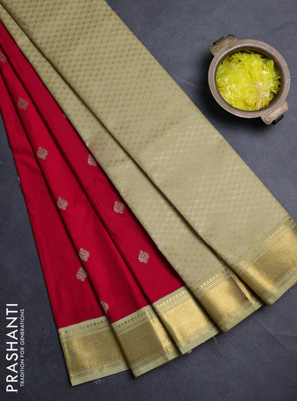 Semi kanchipuram silk saree red and pista green with zari woven buttas and zari woven border