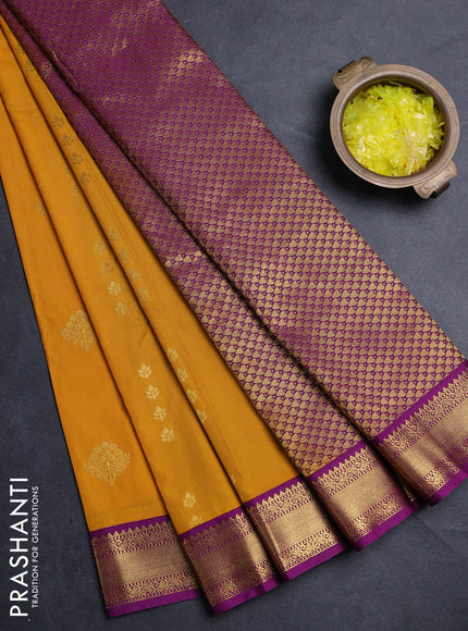 Semi kanchipuram silk saree mango yellow and purple with zari woven buttas and zari woven border