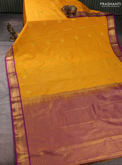 Semi kanchipuram silk saree mango yellow and purple with zari woven buttas and zari woven border