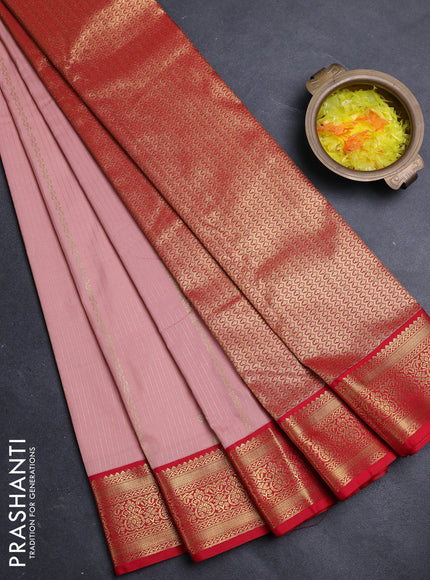 Semi kanchipuram silk saree peach shade and red with allover zari weaves & buttas and zari woven border