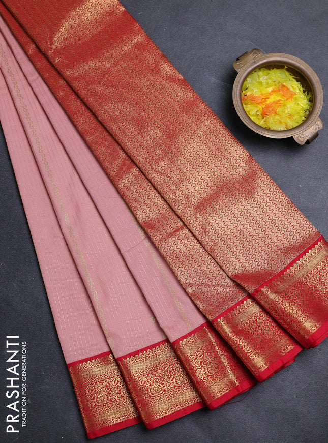 Semi kanchipuram silk saree peach shade and red with allover zari weaves & buttas and zari woven border