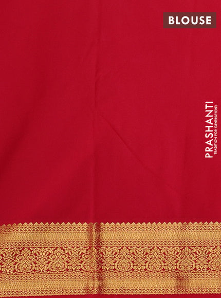 Semi kanchipuram silk saree peach shade and red with allover zari weaves & buttas and zari woven border