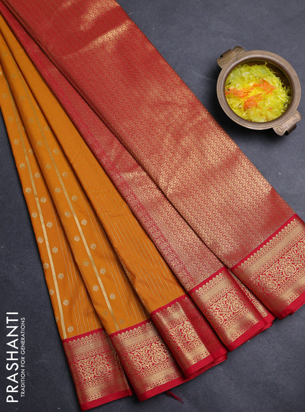 Semi kanchipuram silk saree mustard yellow and red with allover zari weaves & buttas and zari woven border