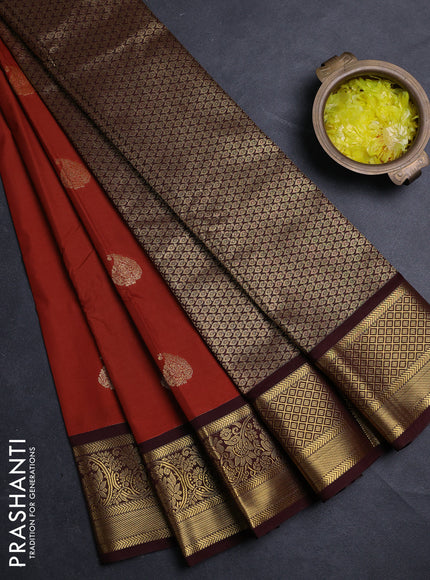Semi kanchipuram silk saree rust shade and deep maroon with zari woven buttas and zari woven border