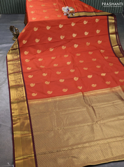 Semi kanchipuram silk saree rust shade and deep maroon with zari woven buttas and zari woven border