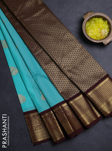 Semi kanchipuram silk saree teal green and deep maroon with zari woven buttas and zari woven border