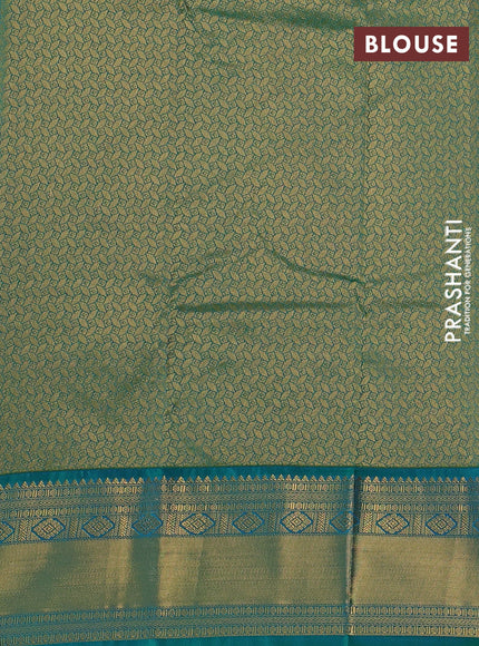 Semi kanchipuram silk saree mild peach pink and green with allover zari weaves & buttas and zari woven border