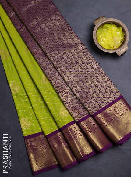 Semi kanchipuram silk saree lime green and purple with allover zari weaves & buttas and zari woven border