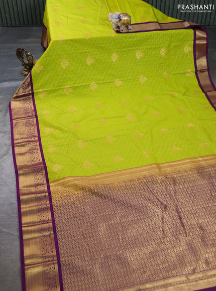 Semi kanchipuram silk saree lime green and purple with allover zari weaves & buttas and zari woven border