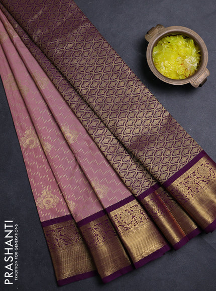 Semi kanchipuram silk saree pastel pink and deep purple with allover zari weaves & buttas and zari woven border