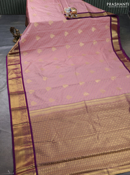 Semi kanchipuram silk saree pastel pink and deep purple with allover zari weaves & buttas and zari woven border